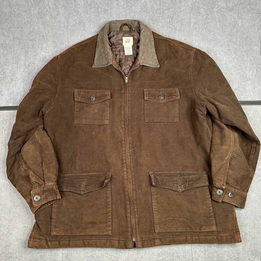 Gap Mens Brown Cotton Field Jacket Leather Collar Quilted Lining Large Vintage